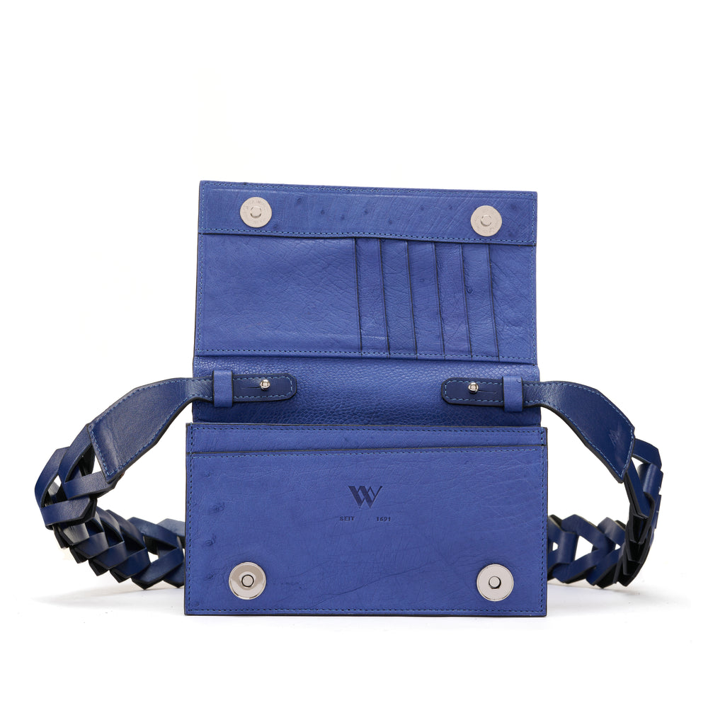 Georgia — Blue African Full-Quill Ostrich Leather Clutch Bag with Removable Link Strap