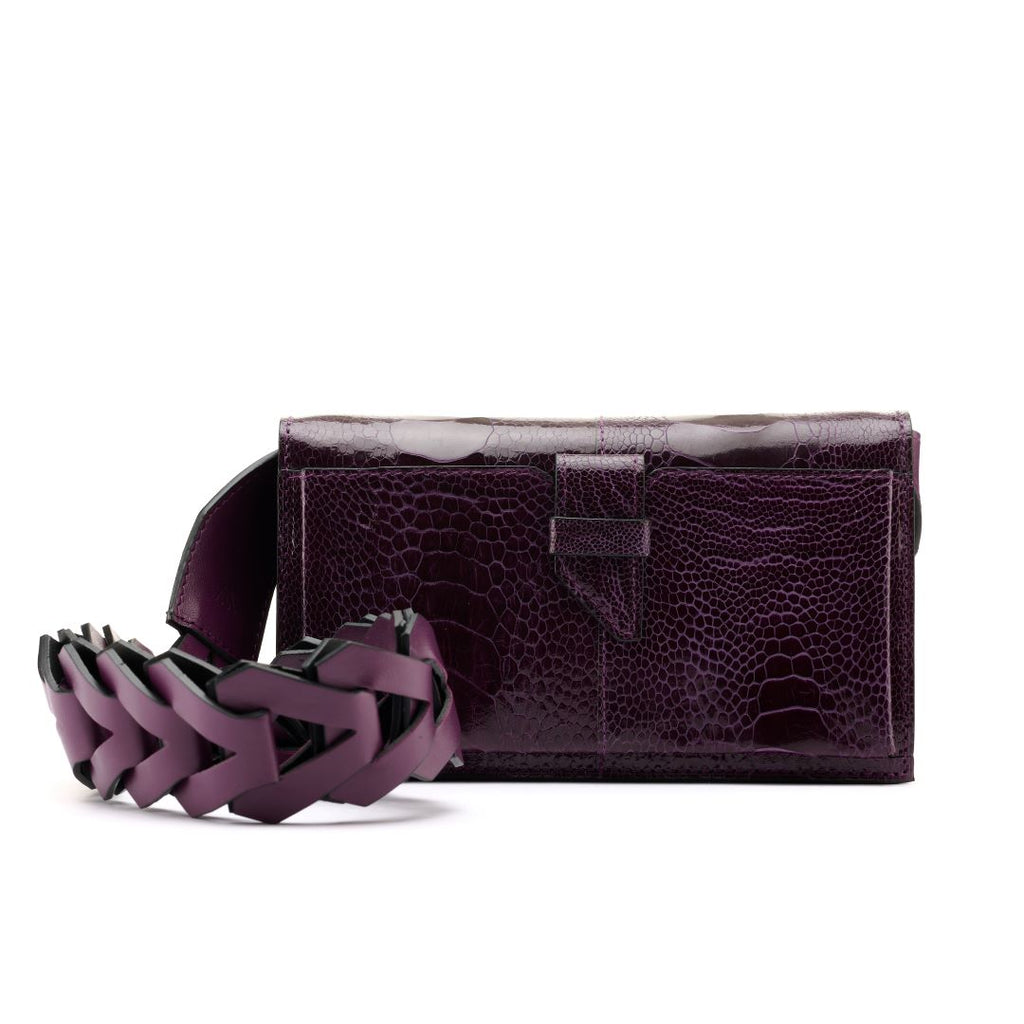 Georgia — Purple African Ostrich Leg Leather Clutch Bag with Removable Link Strap