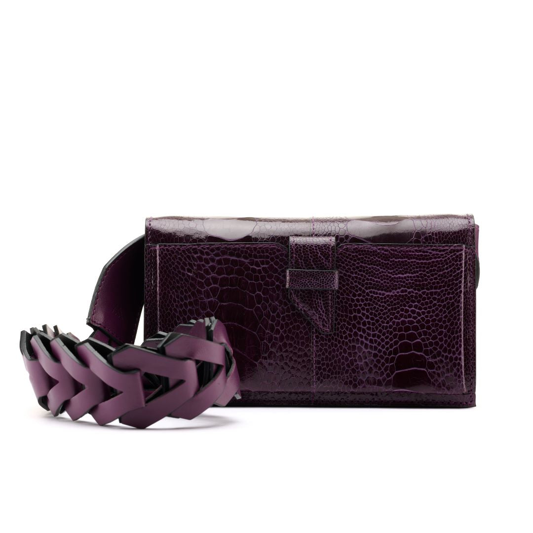 Georgia — Purple African Ostrich Leg Leather Clutch Bag with Removable Link Strap