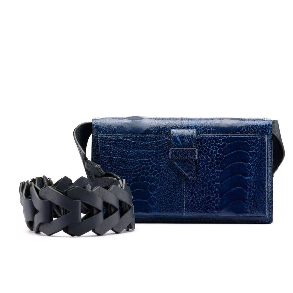 Georgia — Blue African Ostrich Leg Leather Clutch Bag with Removable Link Strap