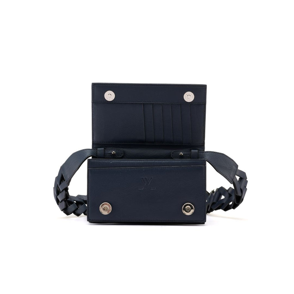 Georgia — Blue African Ostrich Leg Leather Clutch Bag with Removable Link Strap