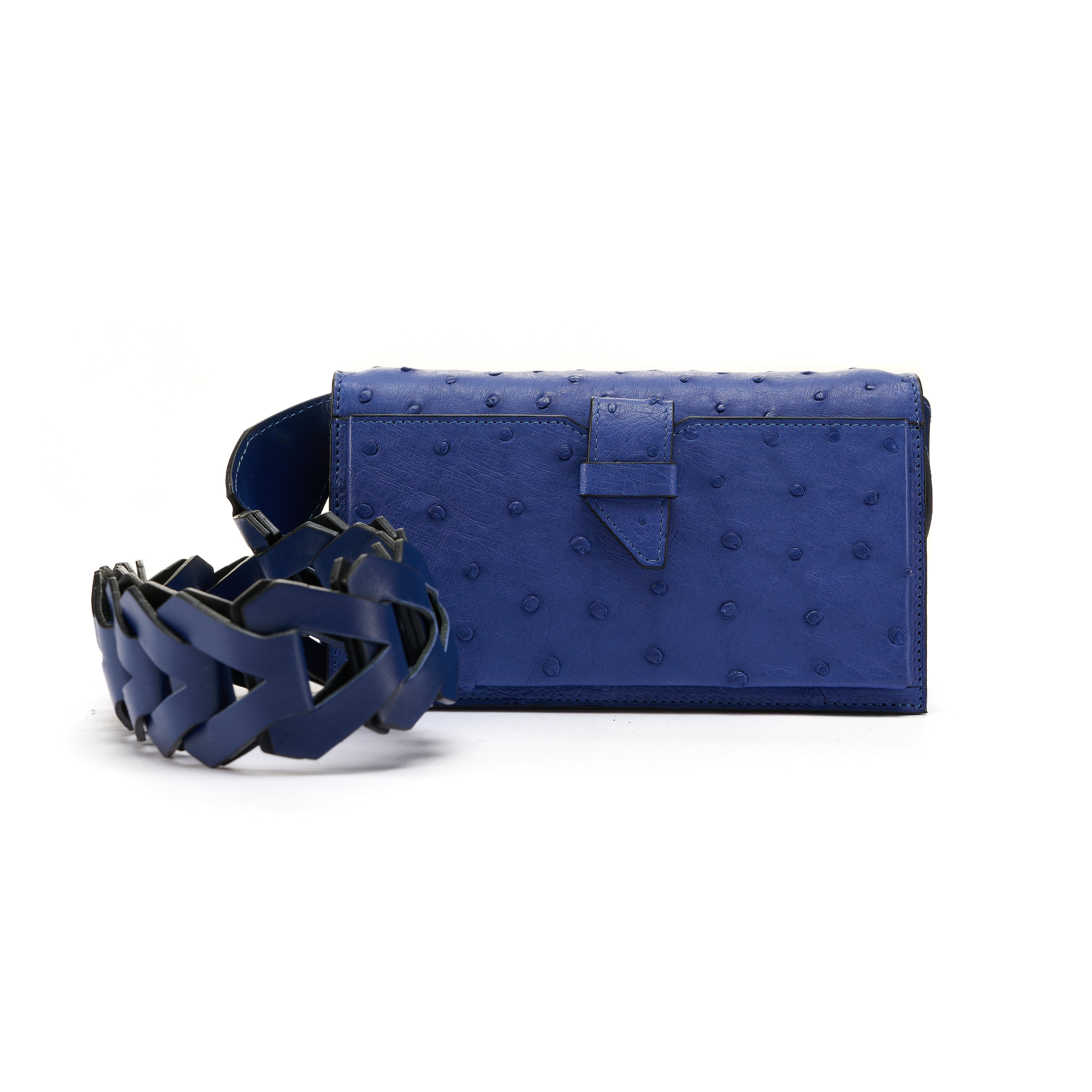 Georgia — Blue African Full-Quill Ostrich Leather Clutch Bag with Removable Link Strap