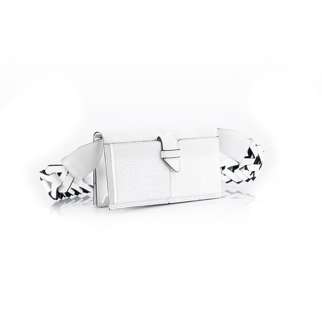 Georgia — White African Ostrich Leg Leather Clutch Bag with Removable Link Strap