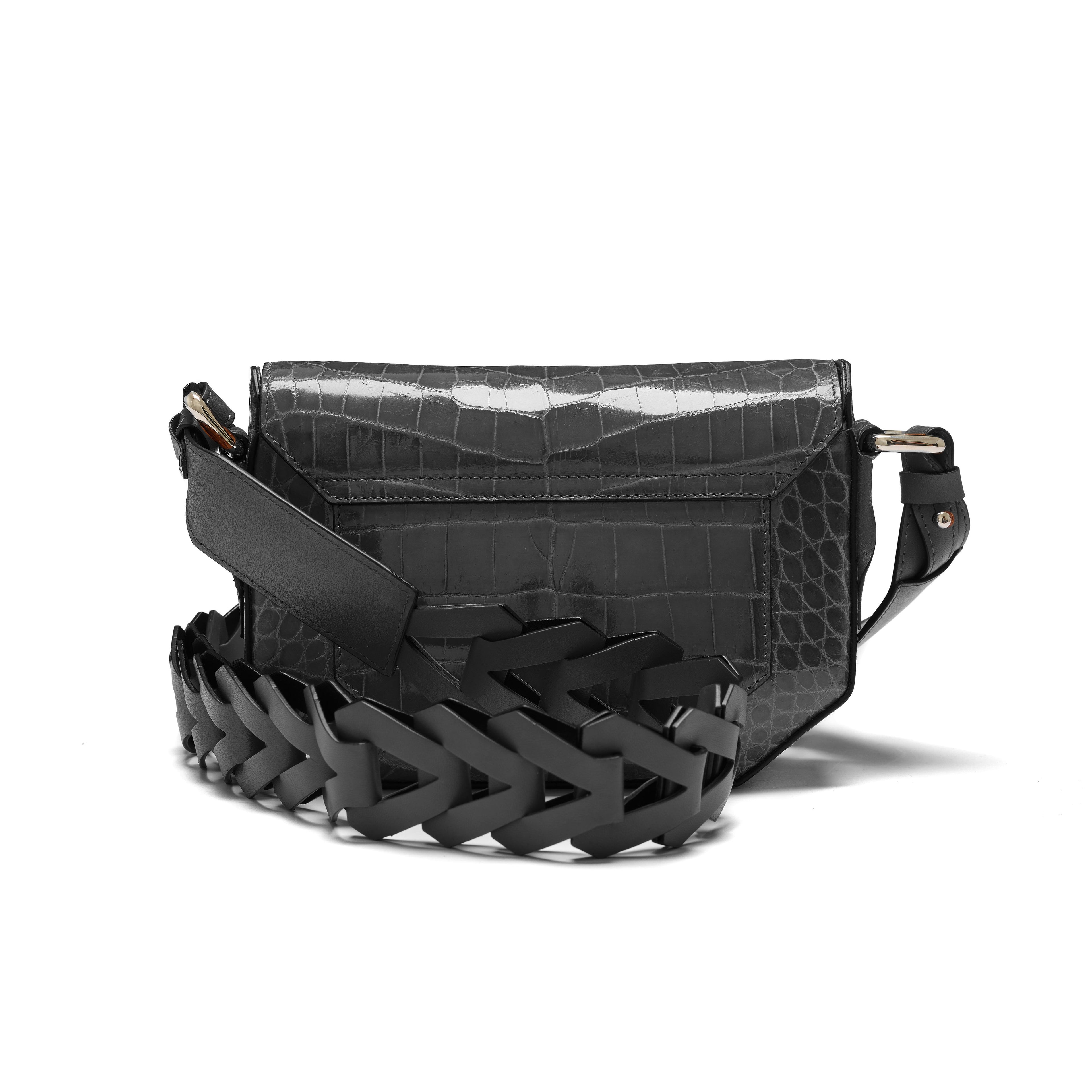 Lee — Black Nile Crocodile Leather Shoulder Bag with Adjustable Strap