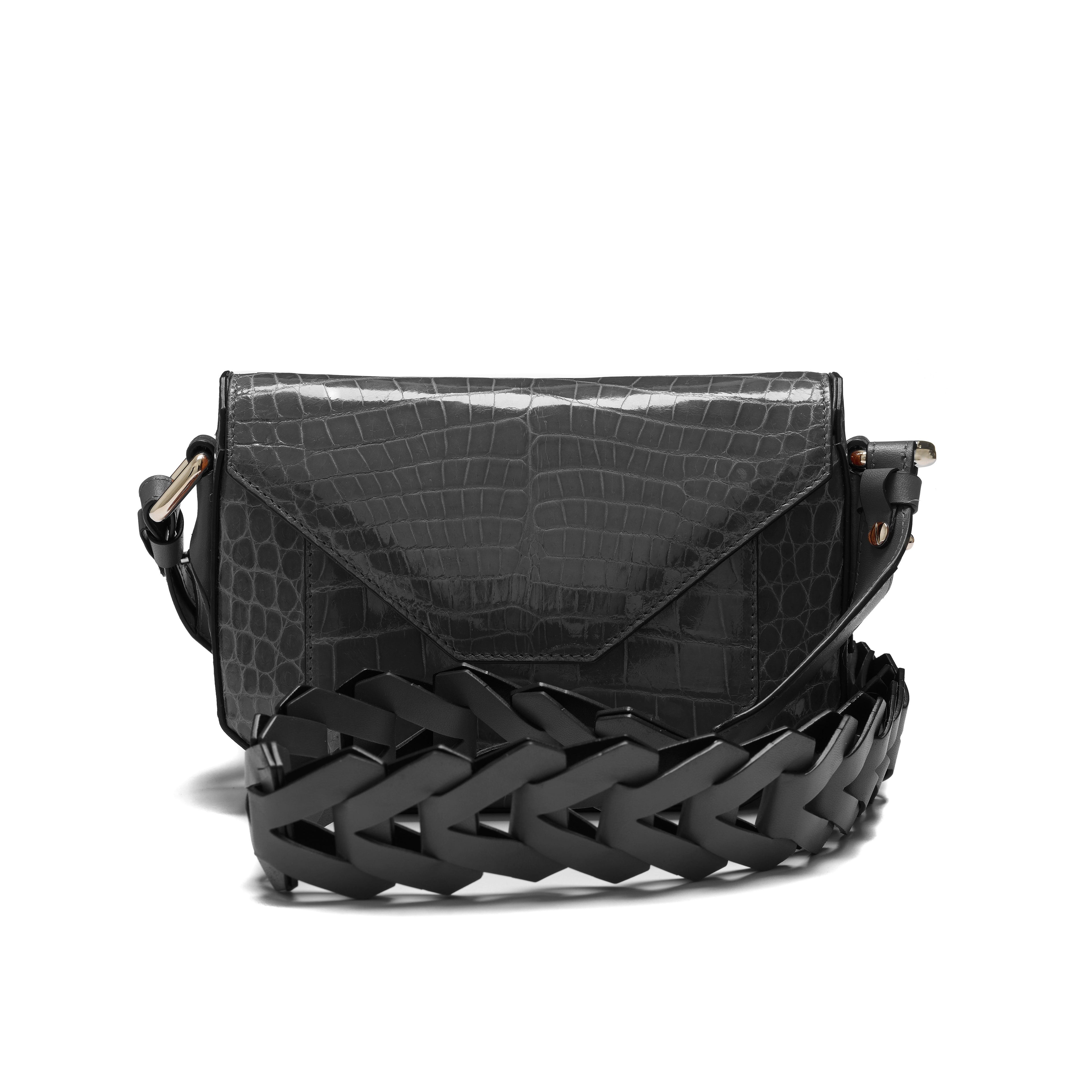 Lee — Black Nile Crocodile Leather Shoulder Bag with Adjustable Strap
