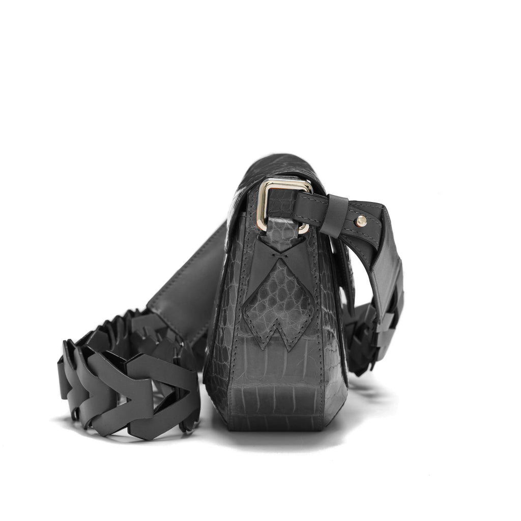 Lee — Black Nile Crocodile Leather Shoulder Bag with Adjustable Strap