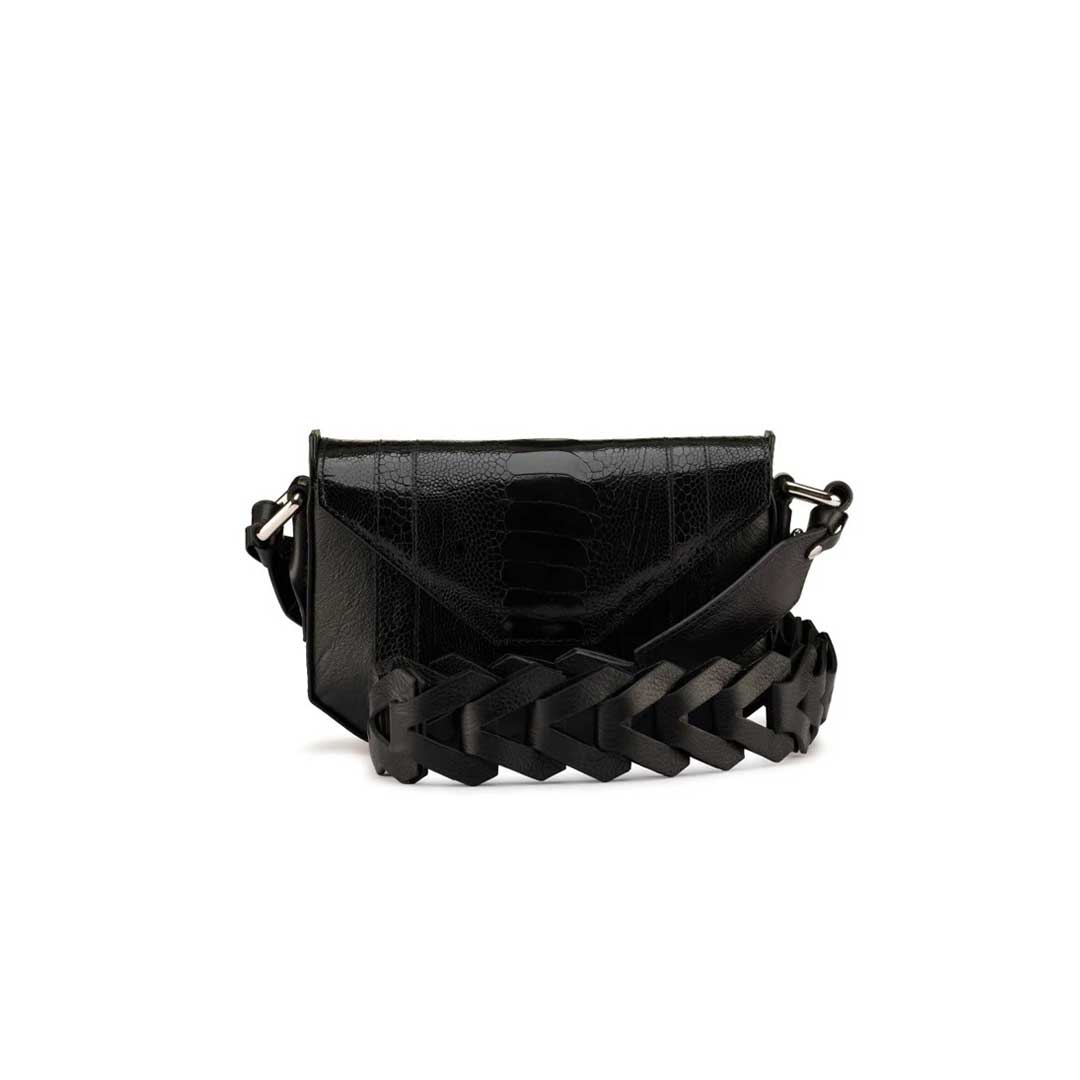 Lee — Black African Ostrich Leg Leather Shoulder Bag with Adjustable Strap - Black 1