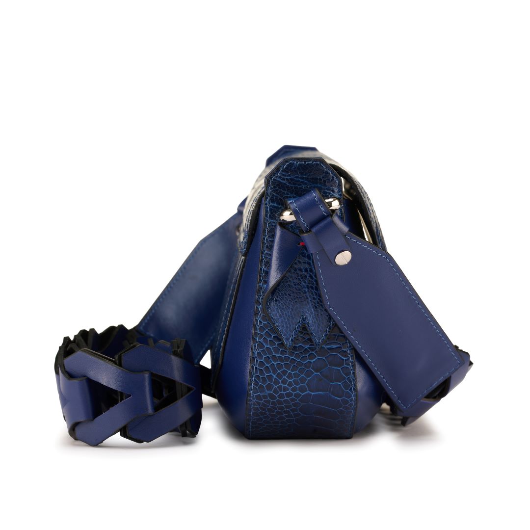 Lee — Blue African Ostrich Leg Leather Shoulder Bag with Adjustable Strap