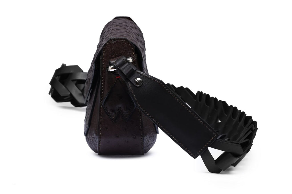 Lee — Dark Brown African Full-Quill Ostrich Leather Shoulder Bag with Adjustable Strap