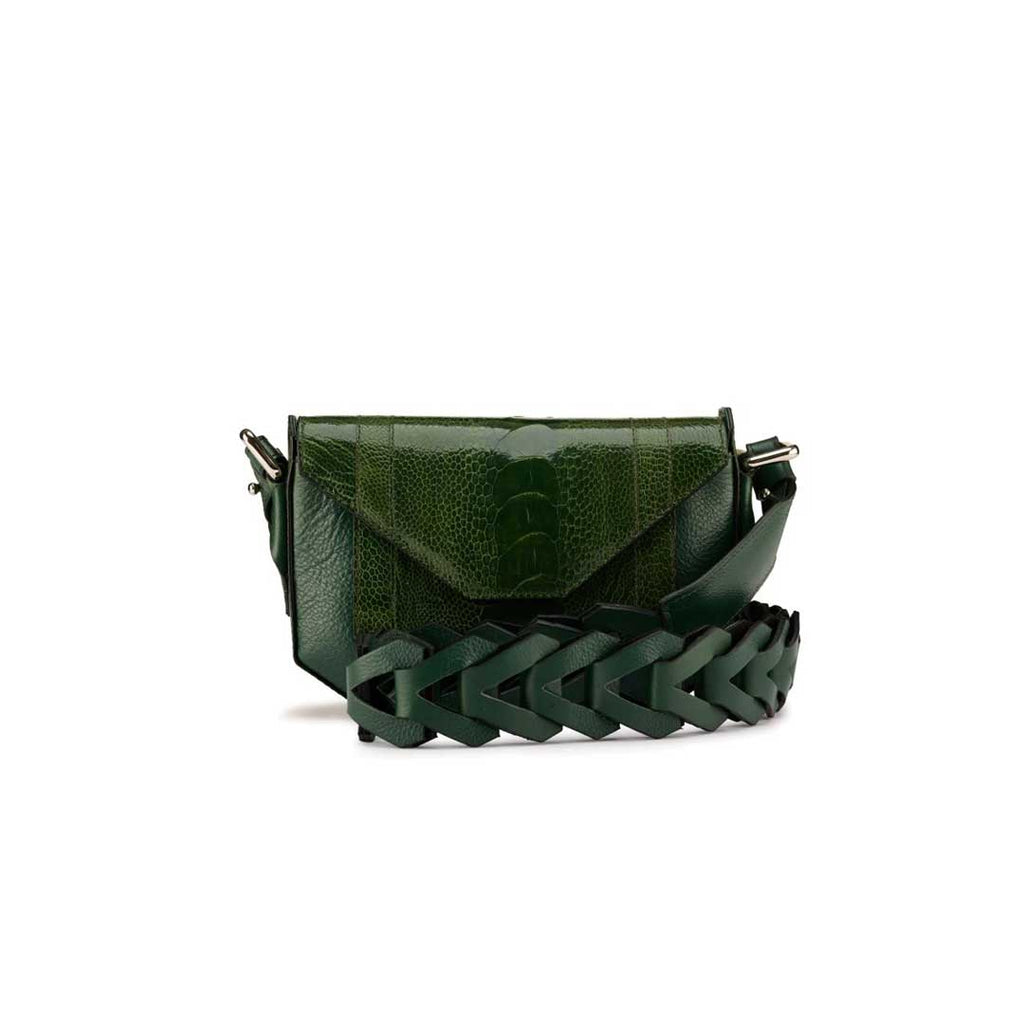 Lee — Green African Ostrich Leg Leather Shoulder Bag with Adjustable Strap