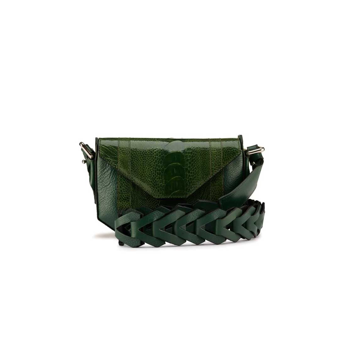 Lee — Green African Ostrich Leg Leather Shoulder Bag with Adjustable Strap