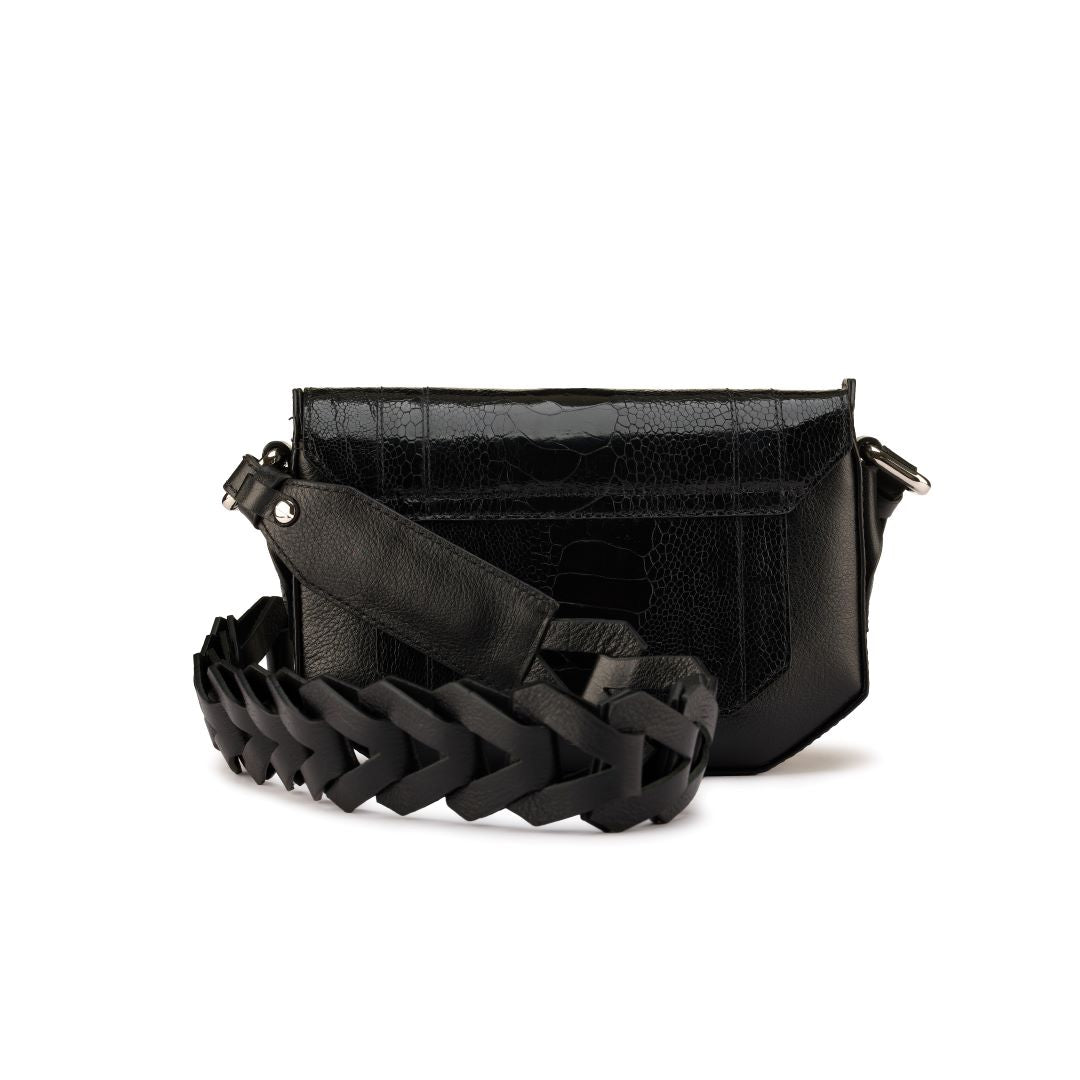 Lee — Black African Ostrich Leg Leather Shoulder Bag with Adjustable Strap