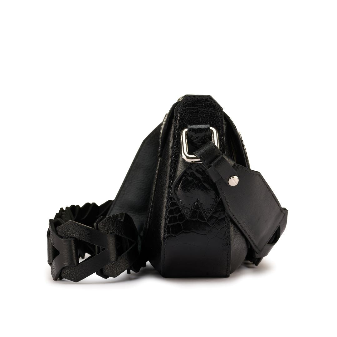Lee — Black African Ostrich Leg Leather Shoulder Bag with Adjustable Strap
