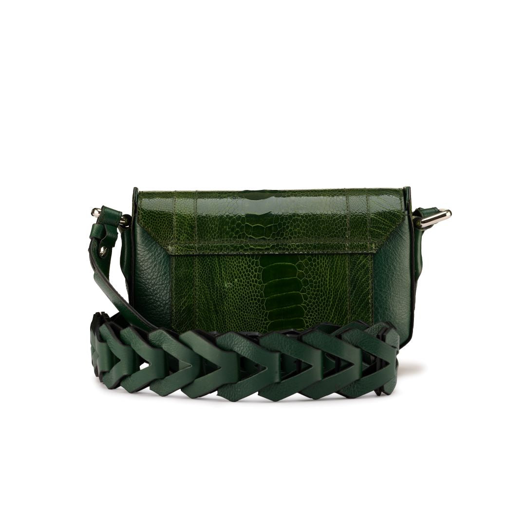 Lee — Green African Ostrich Leg Leather Shoulder Bag with Adjustable Strap