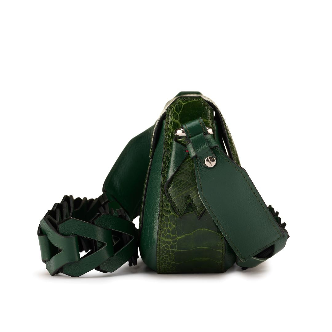 Lee — Green African Ostrich Leg Leather Shoulder Bag with Adjustable Strap