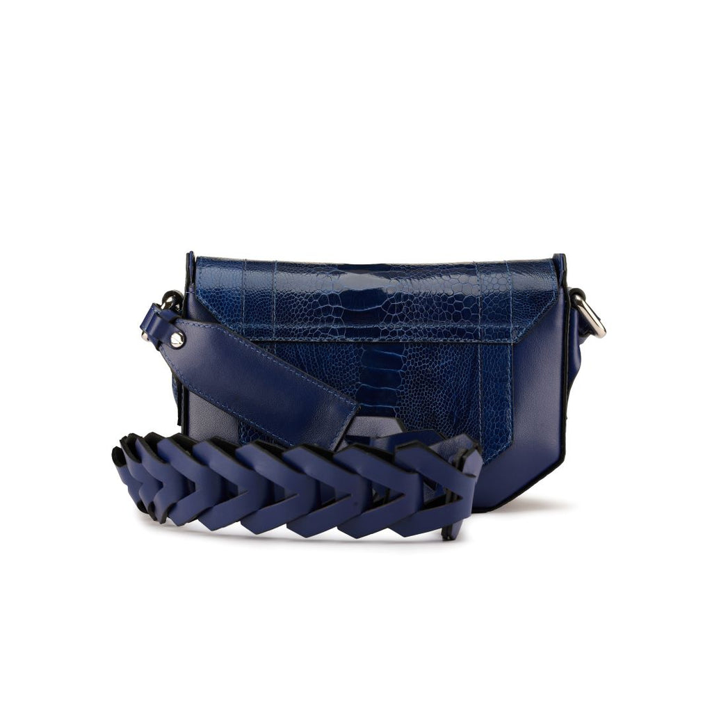 Lee — Blue African Ostrich Leg Leather Shoulder Bag with Adjustable Strap