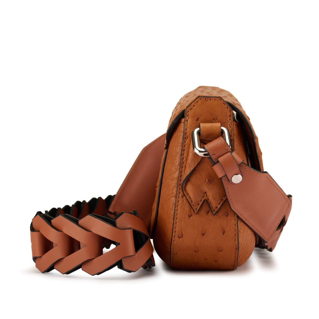 Lee — Light Brown African Full-Quill Ostrich Leather Shoulder Bag with Adjustable Strap