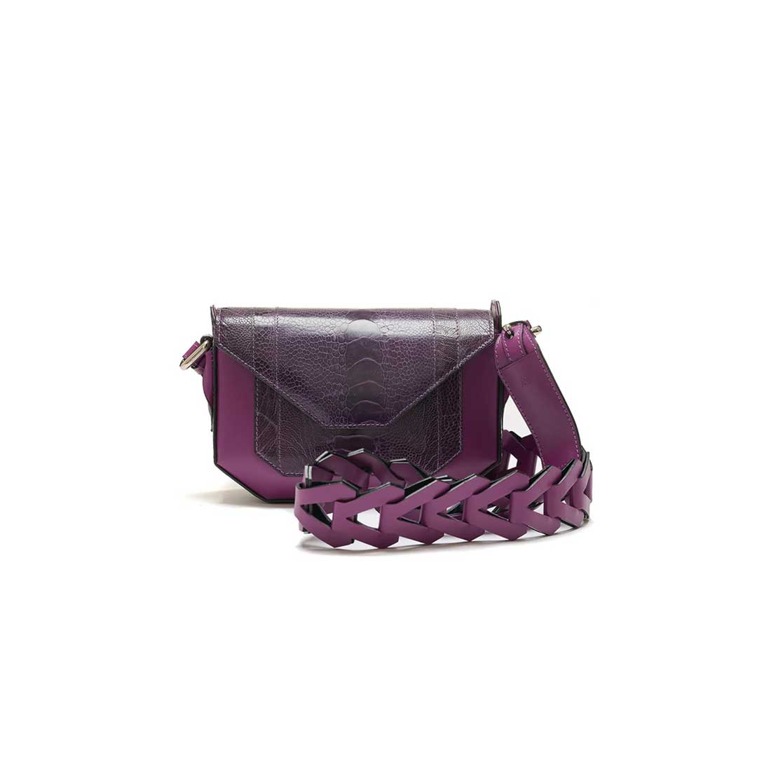 Lee — Purple African Ostrich Leg Leather Shoulder Bag with Adjustable Strap