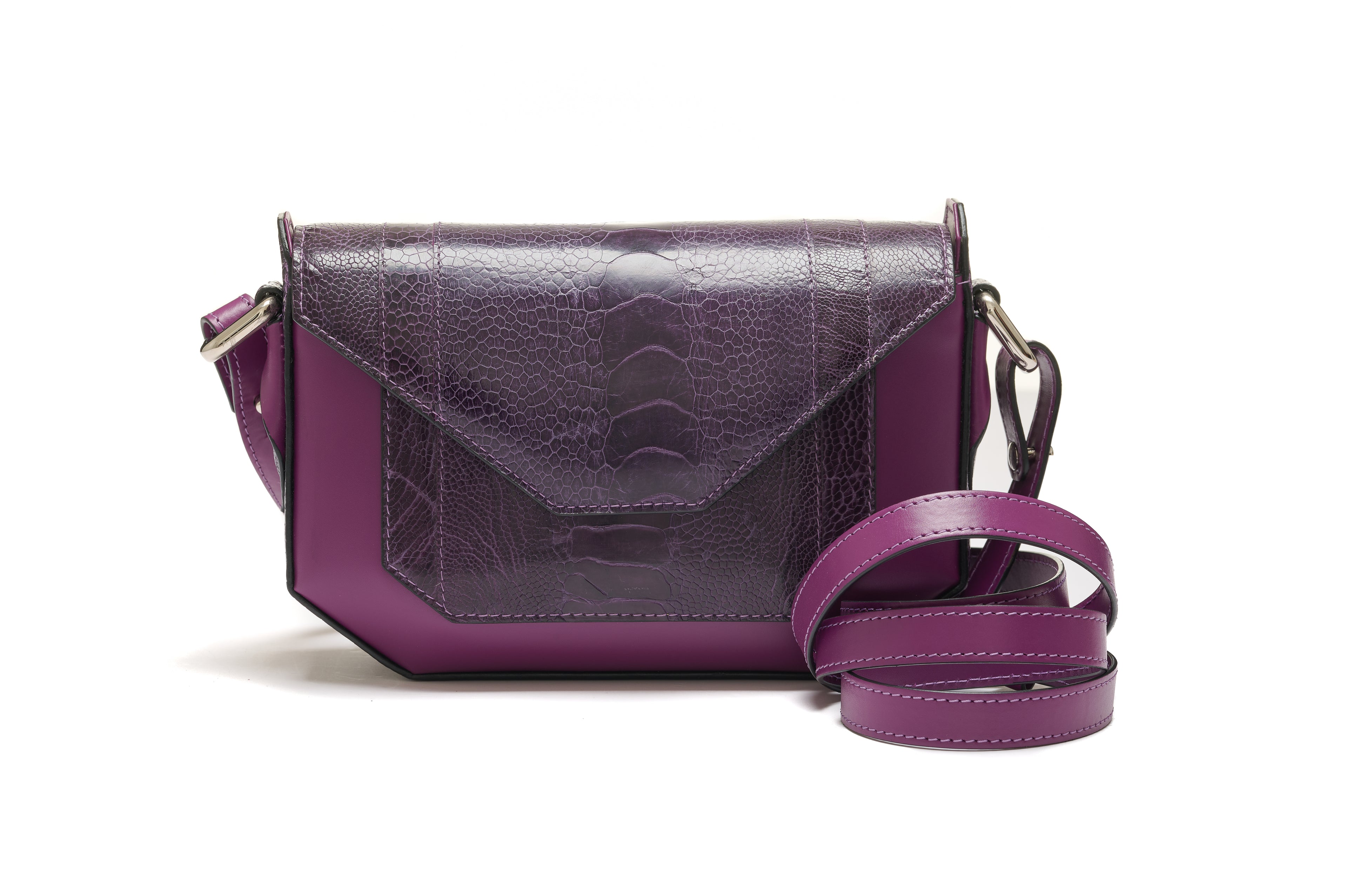 Lee — Purple African Ostrich Leg Leather Shoulder Bag with Adjustable Strap