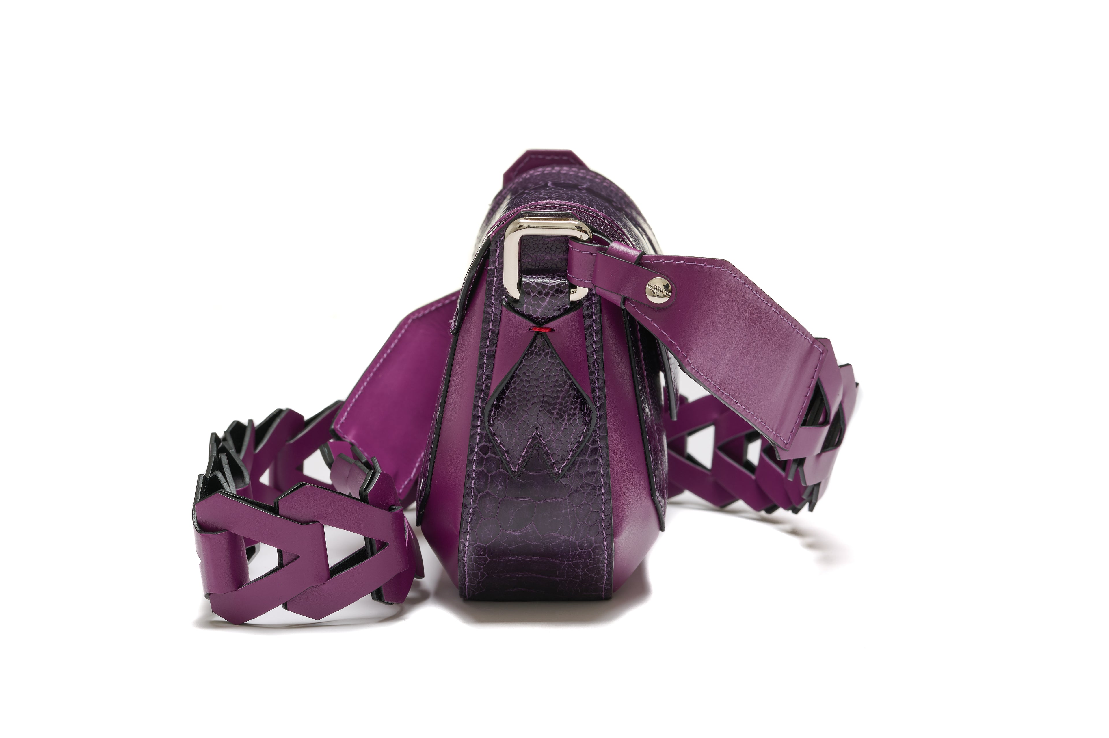 Lee — Purple African Ostrich Leg Leather Shoulder Bag with Adjustable Strap