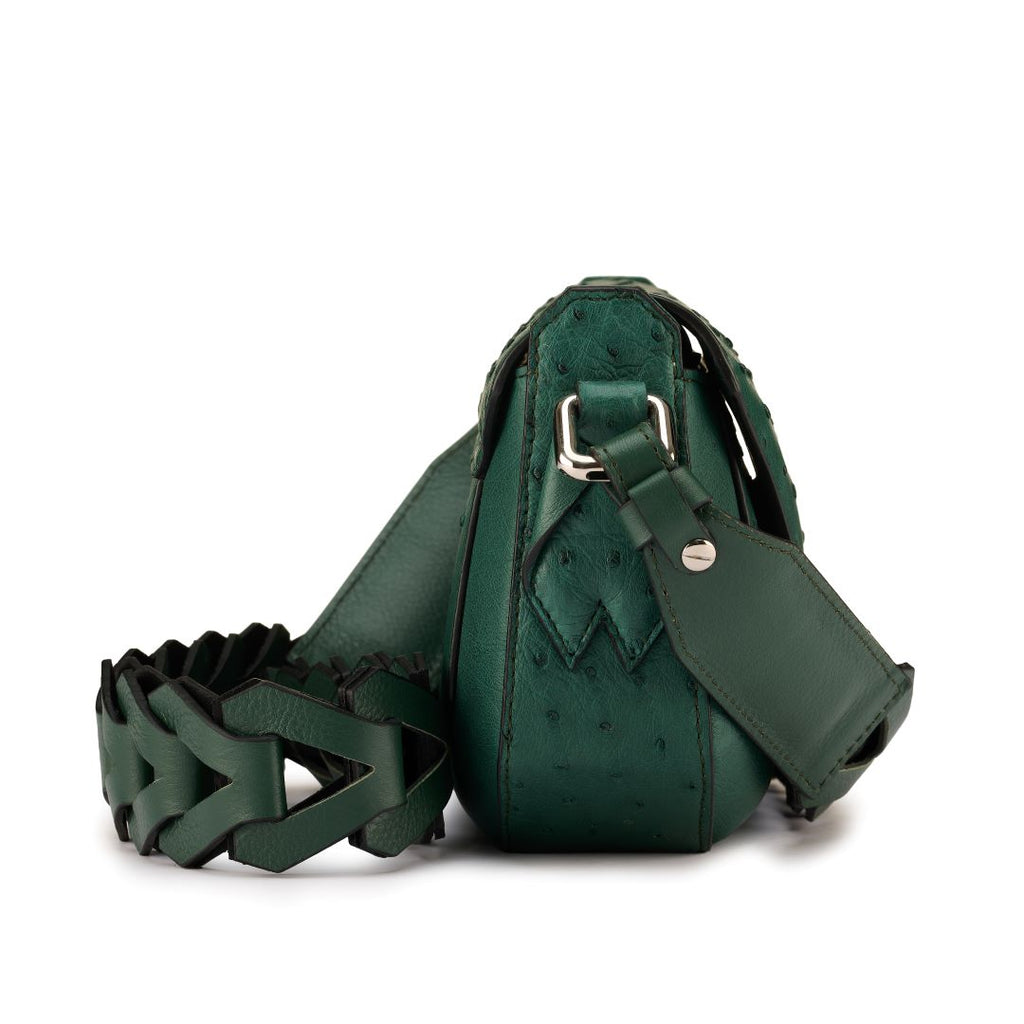 Lee — Green African Full-Quill Ostrich Leather Shoulder Bag with Adjustable Strap