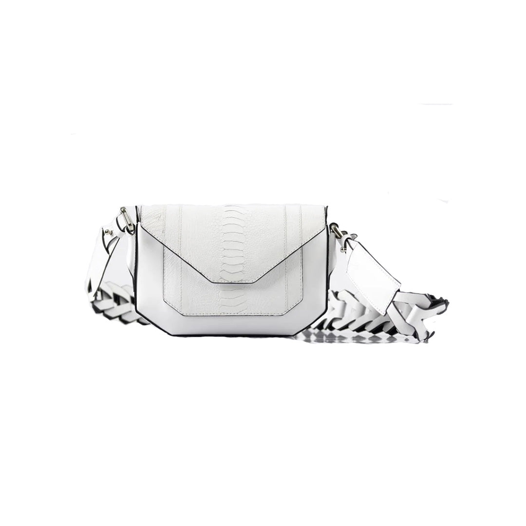 Lee — White African Ostrich Leg Leather Shoulder Bag with Adjustable Strap