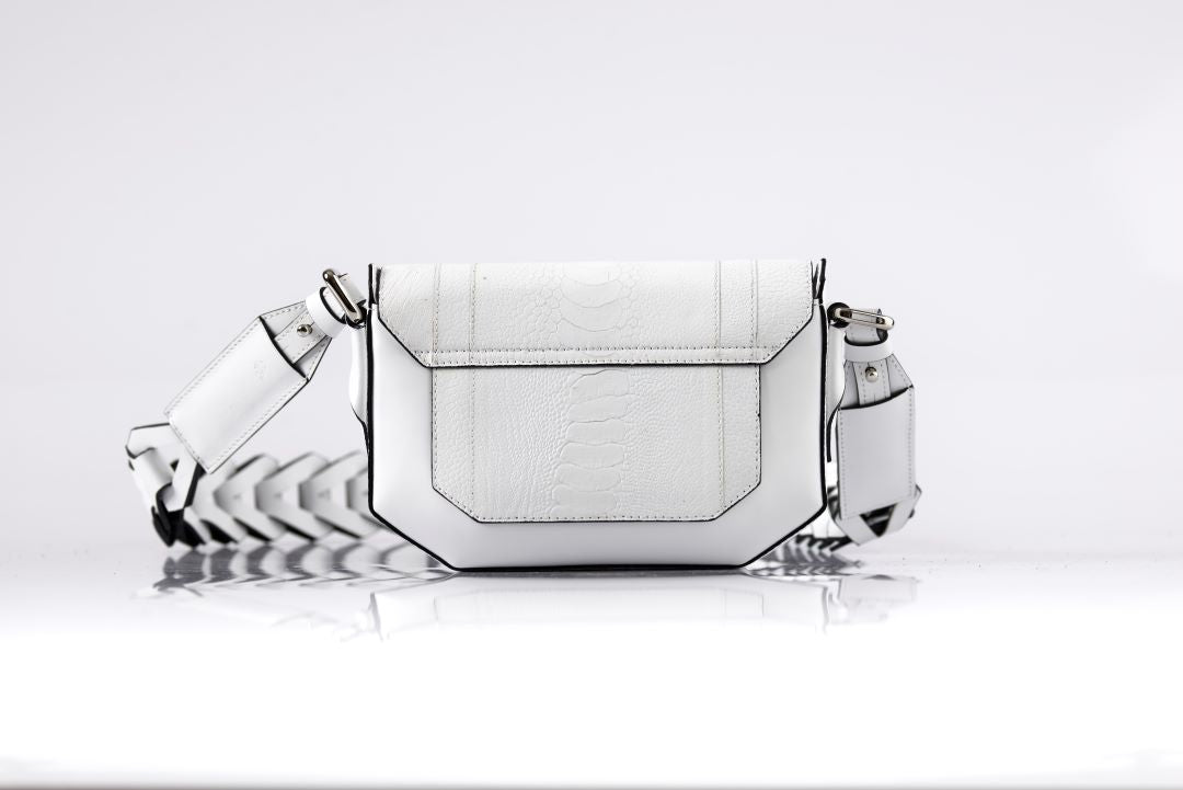 Lee — White African Ostrich Leg Leather Shoulder Bag with Adjustable Strap