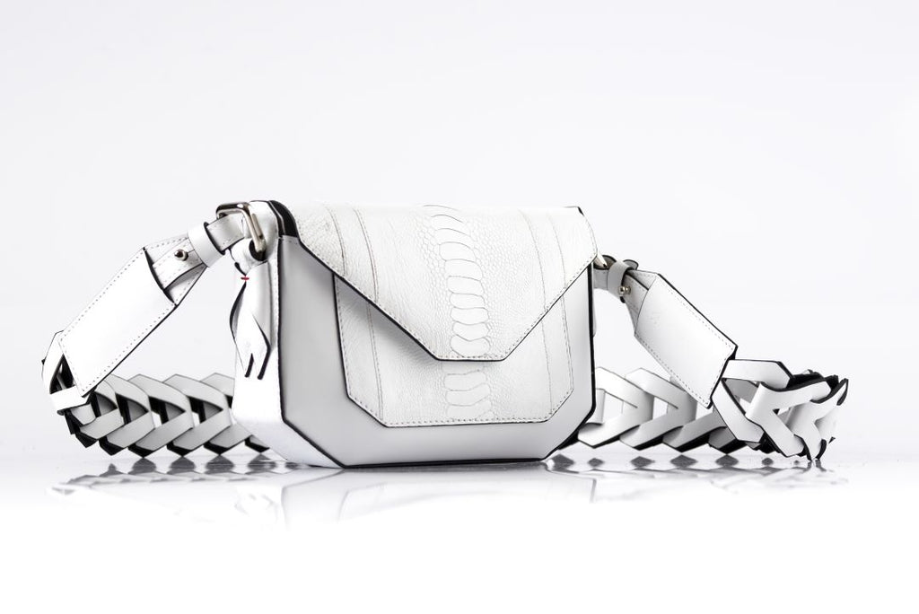 Lee — White African Ostrich Leg Leather Shoulder Bag with Adjustable Strap