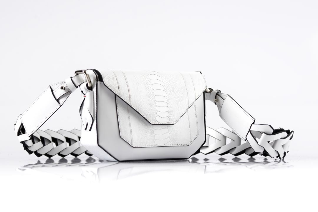 Lee — White African Ostrich Leg Leather Shoulder Bag with Adjustable Strap