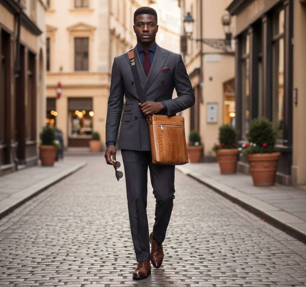 Man in a gray suit walking down a city street holding a brown leather briefcase.