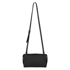 Black textured handbag with a strap on a white background