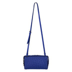 Black textured handbag with a strap on a white background