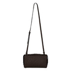 Black textured handbag with a strap on a white background