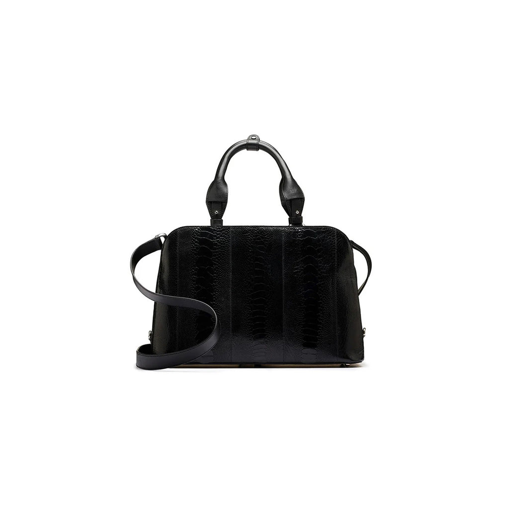 A black luxury handbag with two handles and an adjustable strap, featuring a structured design and a textured surface.