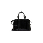 A black luxury handbag with two handles and an adjustable strap, featuring a structured design and a textured surface.