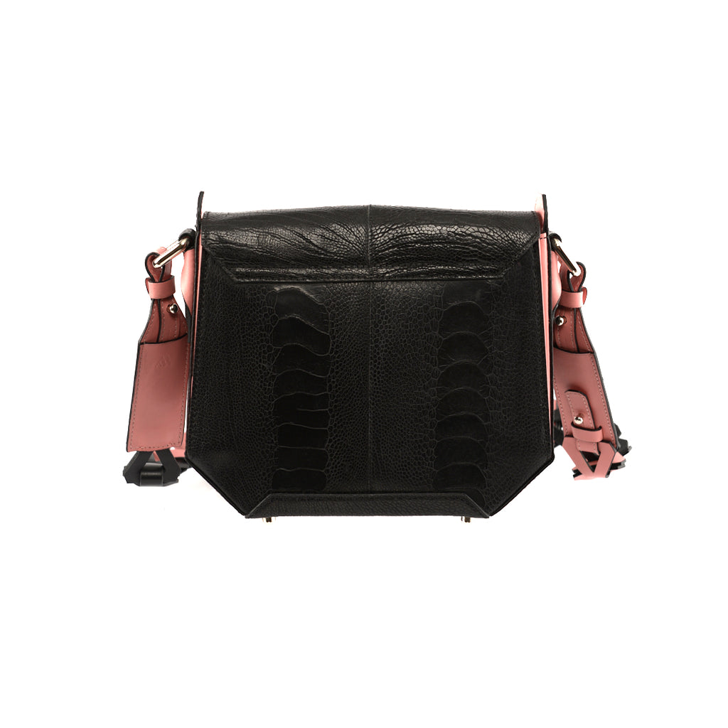 Lia Black Limited Edition Ostrich Leather Shoulder Bag with Light Pink Gussets