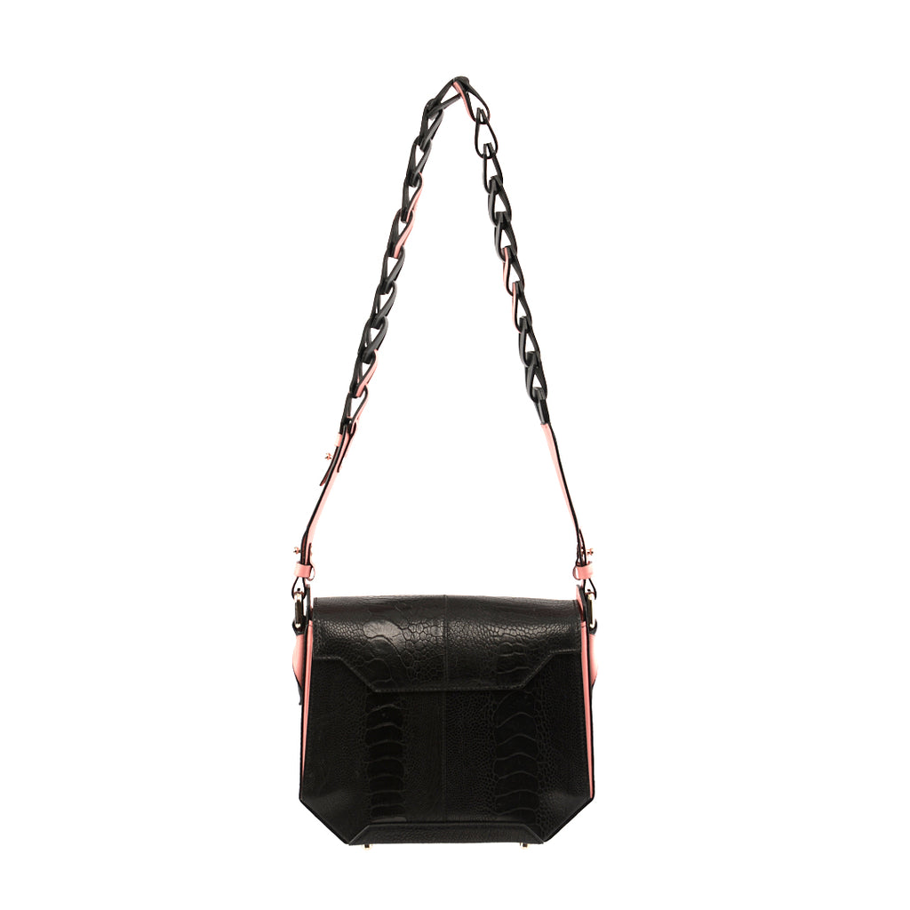 Lia Black Limited Edition Ostrich Leather Shoulder Bag with Light Pink Gussets