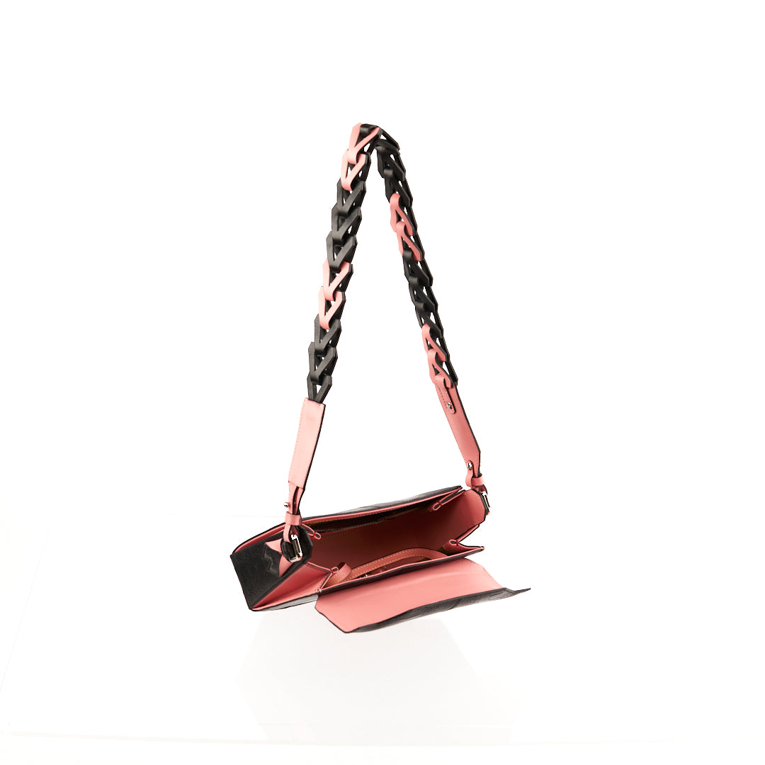 Lia Black Limited Edition Ostrich Leather Shoulder Bag with Light Pink Gussets
