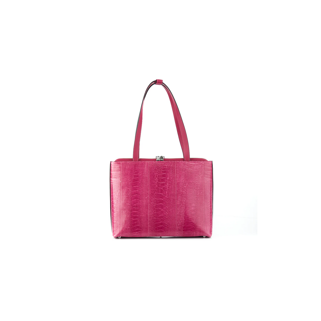 A pink leather handbag with a structured silhouette and short straps, viewed from the front.