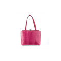 A pink leather handbag with a structured silhouette and short straps, viewed from the front.