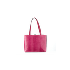 A pink leather handbag with a structured silhouette and short straps, viewed from the front.