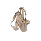 A luxurious beige handbag with a structured design, featuring two fixed handles and an adjustable strap, made from ostrich leg leather.