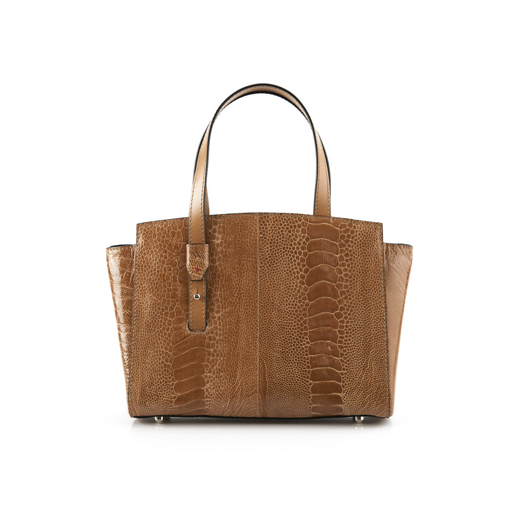 A brown leather handbag with a sleek design, featuring a structured handle and a textured surface.
