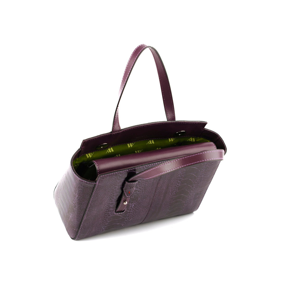Lorelai — Purple African Ostrich Leg Leather Shoulder Bag with Adjustable Handle