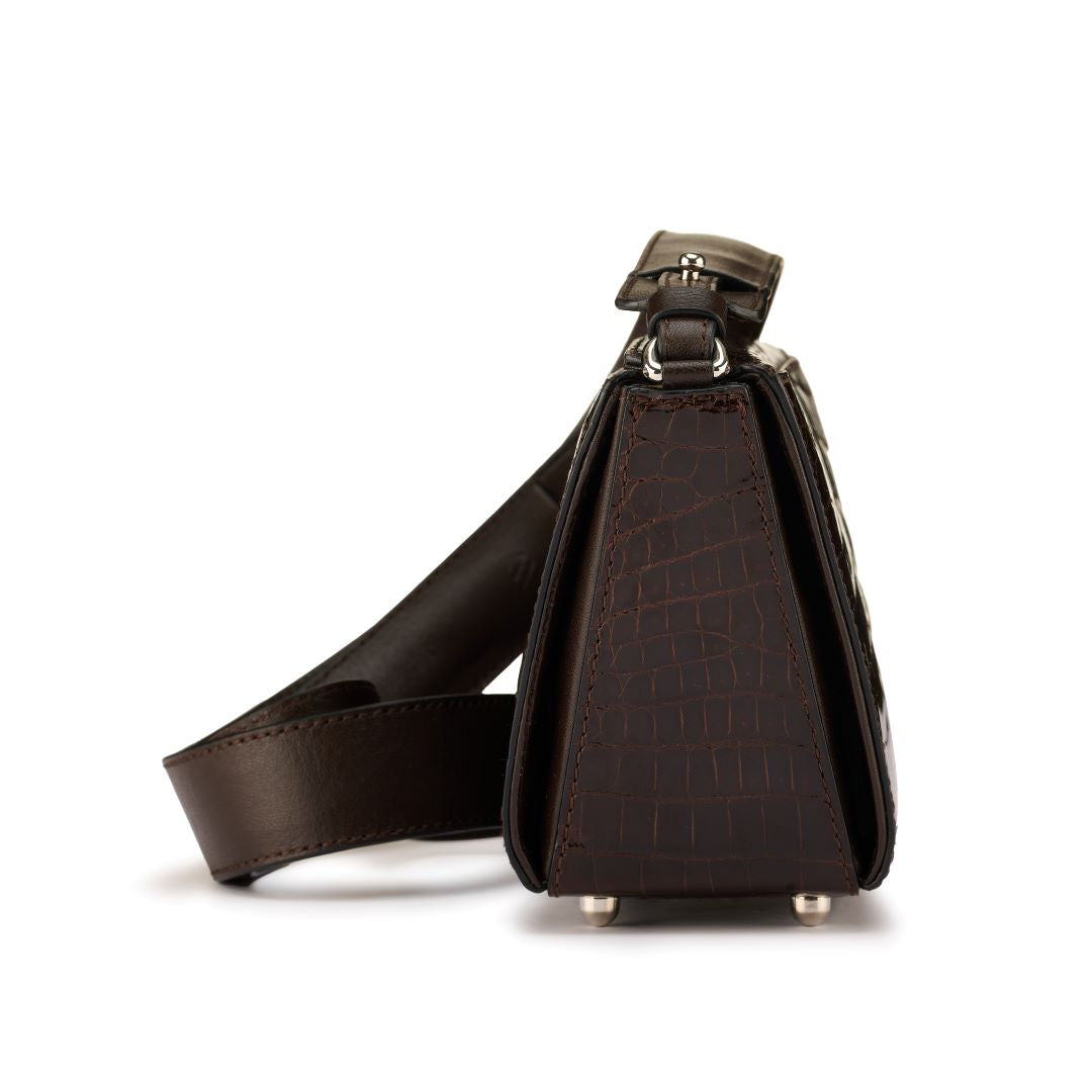 Lottie - Dark Brown Crocodile Leather Crossbody Bag