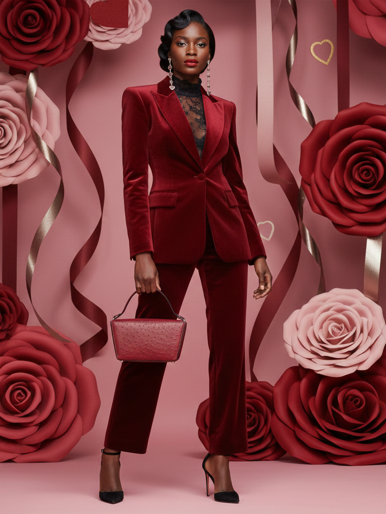 Woman in a red velvet suit standing against a pink floral background