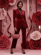 Woman in a red velvet suit standing against a pink floral background