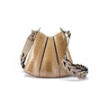 A clutch handbag with a textured surface resembling crocodile skin, featuring a Tulip closure and a removable strap.