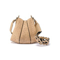 A beige handbag with a tulip closure design and a removable strap, crafted from ostrich quill leather.
