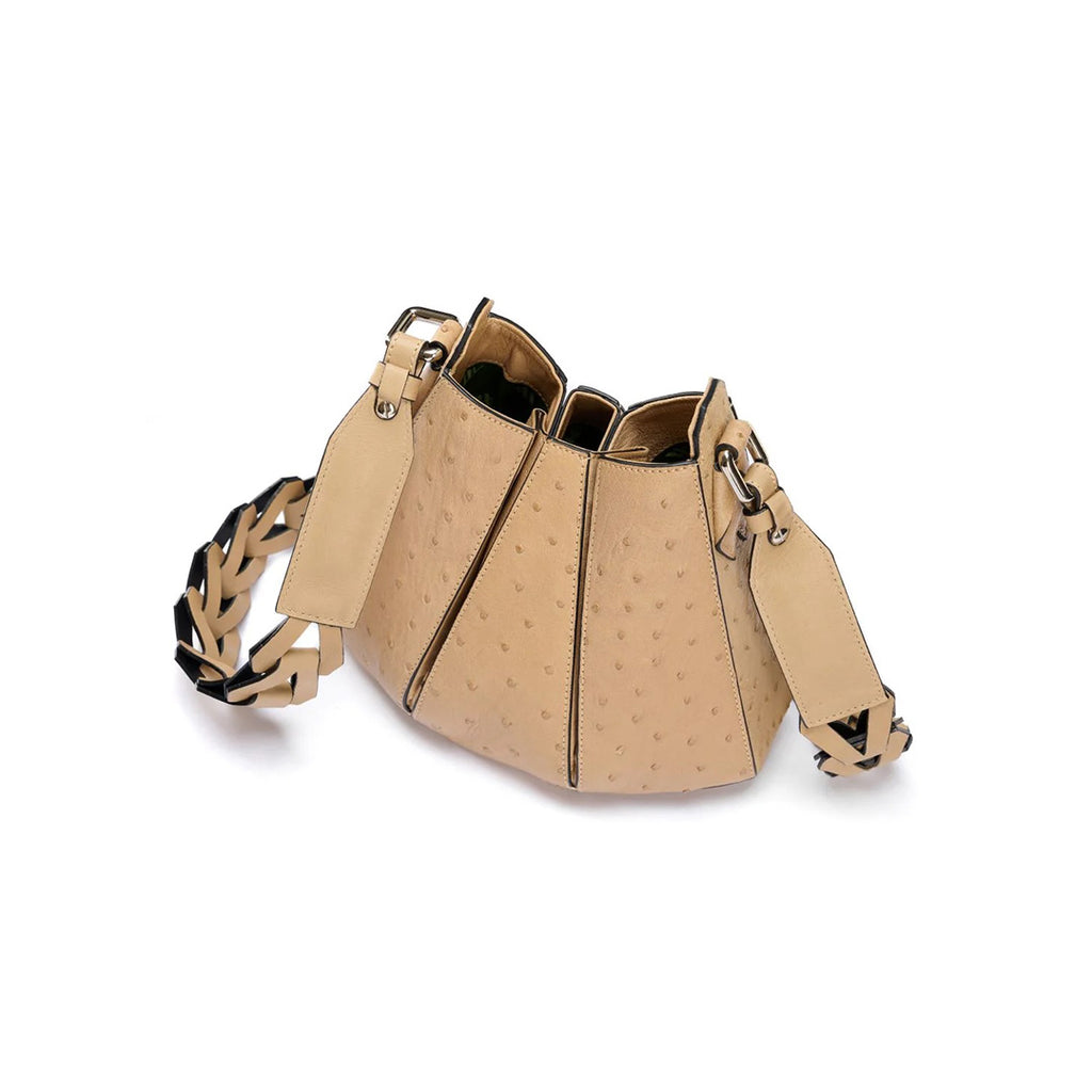 Luna - Beige African Ostrich Quill Leather Shoulder Bag